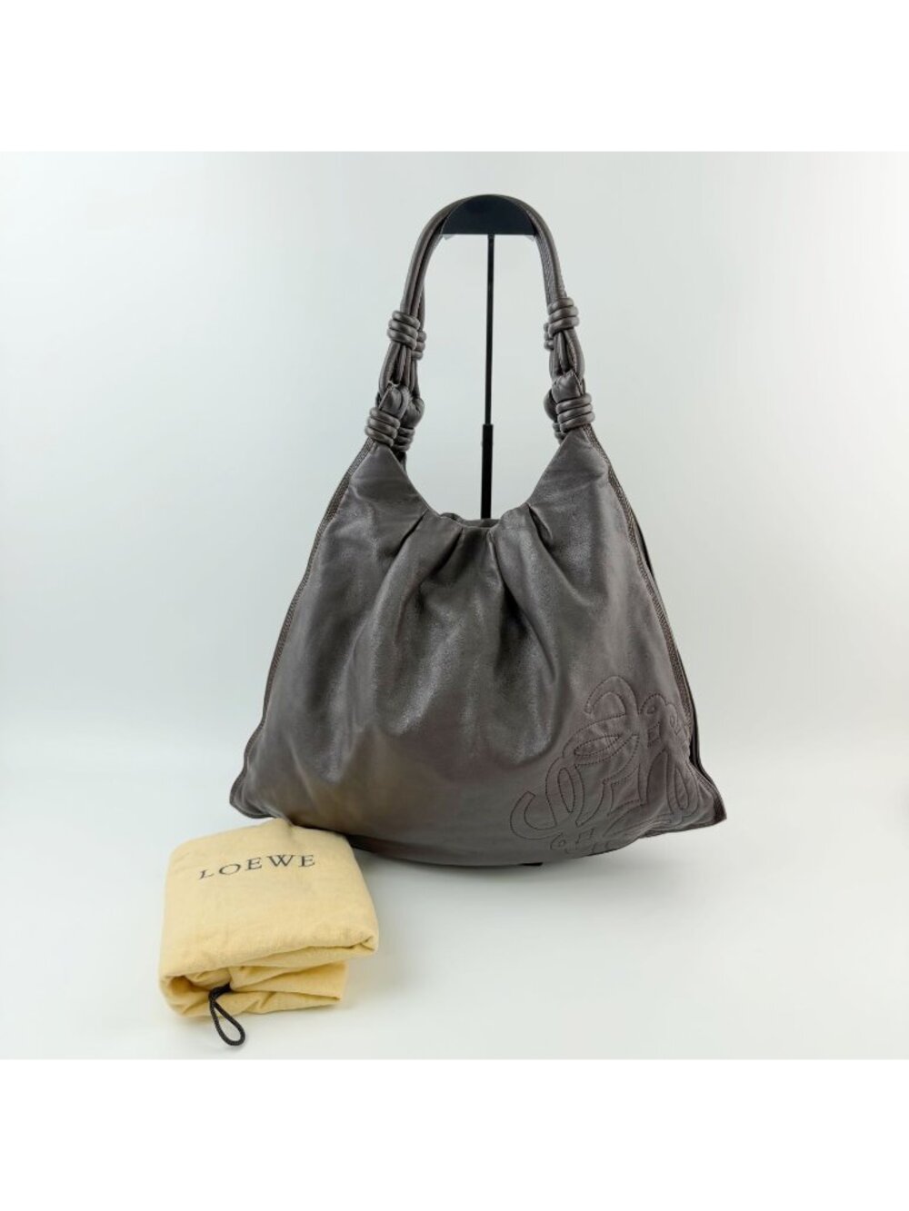Loewe Anagram Knot Handle Shoulder Bag Leather Dark Brown Vintage